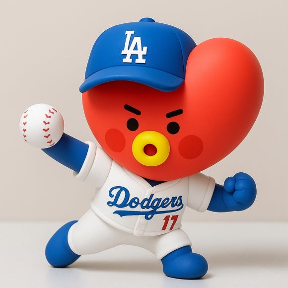 BTS's V preparing to pitch at Dodger Stadium wearing a Wilson baseball glove, ahead of his ceremonial first pitch on August 25, 2025