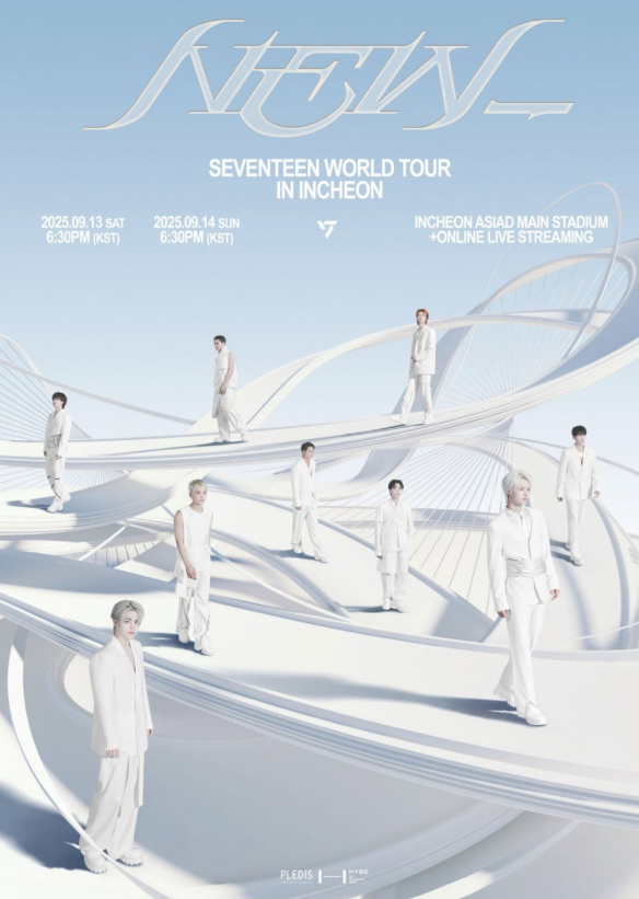 Official poster for Seventeen World Tour in Incheon, featuring members in all-white outfits on a futuristic stage design, promoting Seventeen UNESCO donation and global youth empowerment.