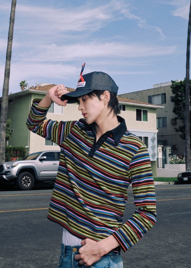 HYBE new boy group CORTIS five members posing at Pico subway station in Los Angeles, wearing colorful street fashion.