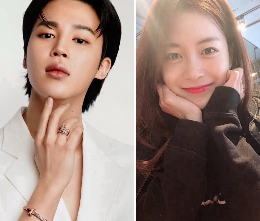 Split image of Jimin and Song Da Eun smiling with similar hand poses—central to the Jimin dating scandal speculation.