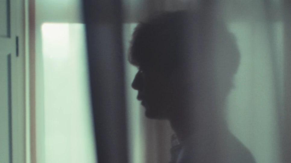 Silhouette of a man standing indoors near a window, partially obscured by sheer curtains, in a dimly lit and atmospheric scene