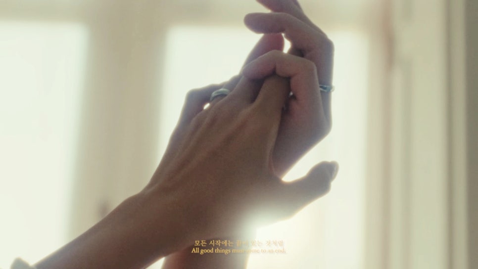 Close-up of two hands gently interlocking fingers, both wearing silver rings, with soft sunlight in the background and the caption 'All good things must come to an end' visible below