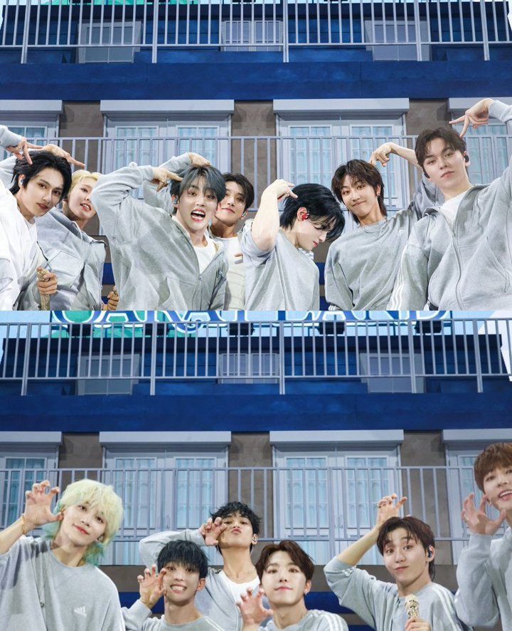 K-pop group Seventeen performing in matching gray outfits on stage, making playful poses, promoting Seventeen UNESCO donation and inspiring global youth engagement.