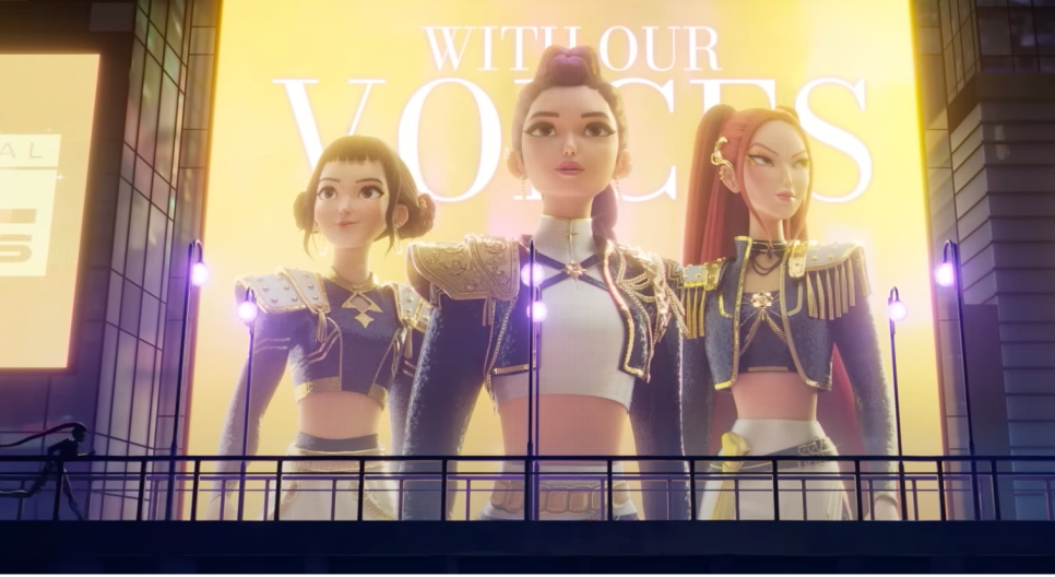 Massive city billboard showing the KPop Demon Hunters Netflix trio in elegant military-style costumes