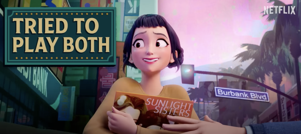 Shy character from KPop Demon Hunters Netflix holding a Sunlight Sisters comic on Burbank Boulevard
