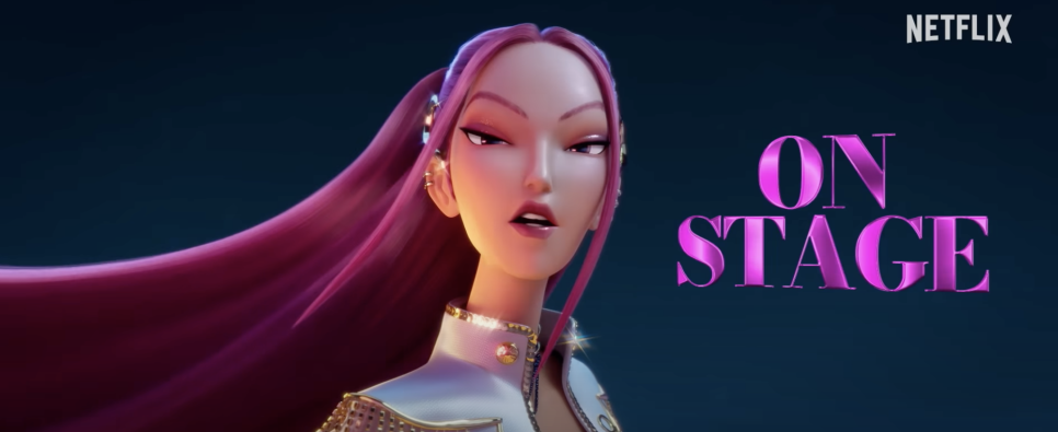 KPop Demon Hunters Netflix red-haired member striking a fierce pose with On Stage text beside her