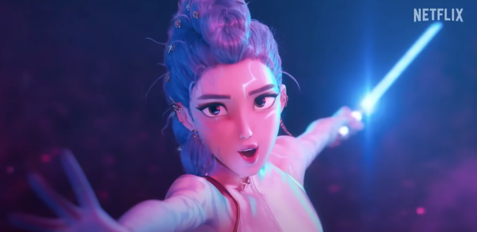 Lead character from KPop Demon Hunters Netflix wielding a glowing sword mid-battle in dramatic lighting