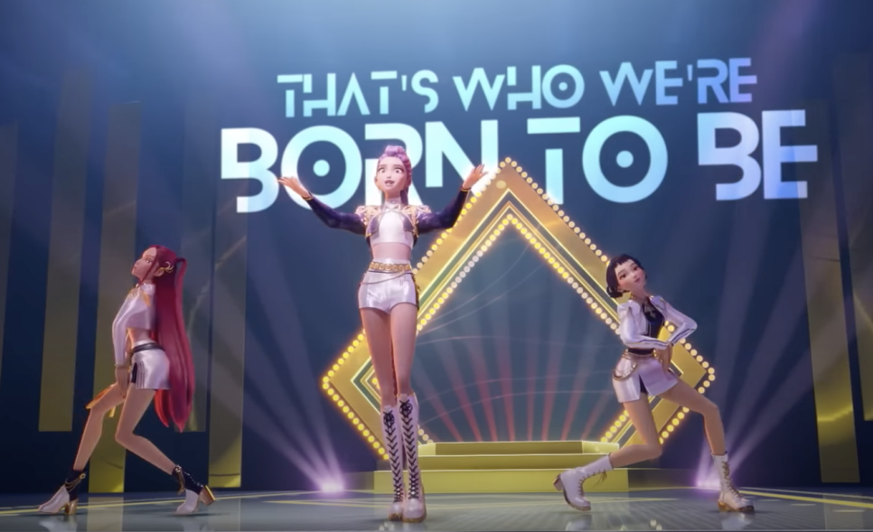KPop Demon Hunters Netflix characters performing live on stage in white K-pop outfits under dramatic lighting