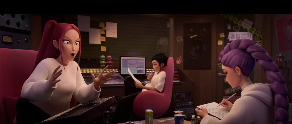 KPop Demon Hunters Netflix girl group creating music in their recording studio, planning lyrics and beats