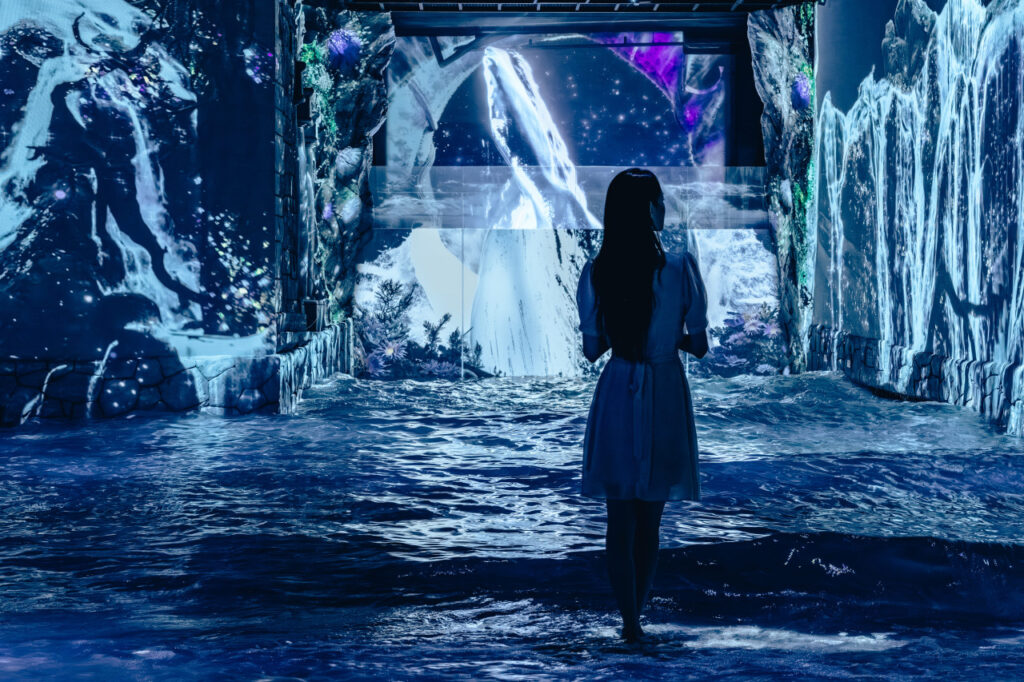 <em>A silhouette of a woman in a white dress stands in shallow water beneath a digital projection of a whale and waterfalls at Waterworld Jeju, emphasizing the immersive art and <strong>Waterworld Jeju discount</strong> experience.</em>