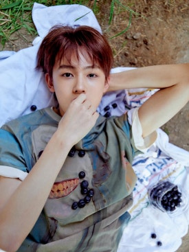 CORTIS debut album sales concept photo member lying outdoors with blueberries