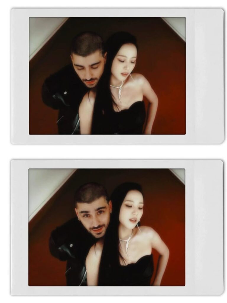 Stylized photo of Jisoo and Zayn Malik back-to-back in sleek outfits for Eyes Closed joint single