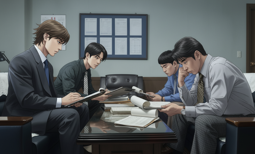 An illustration/webtoon-style image depicting four men sitting around a low table in an office, likely portraying a meeting or investigation scene.