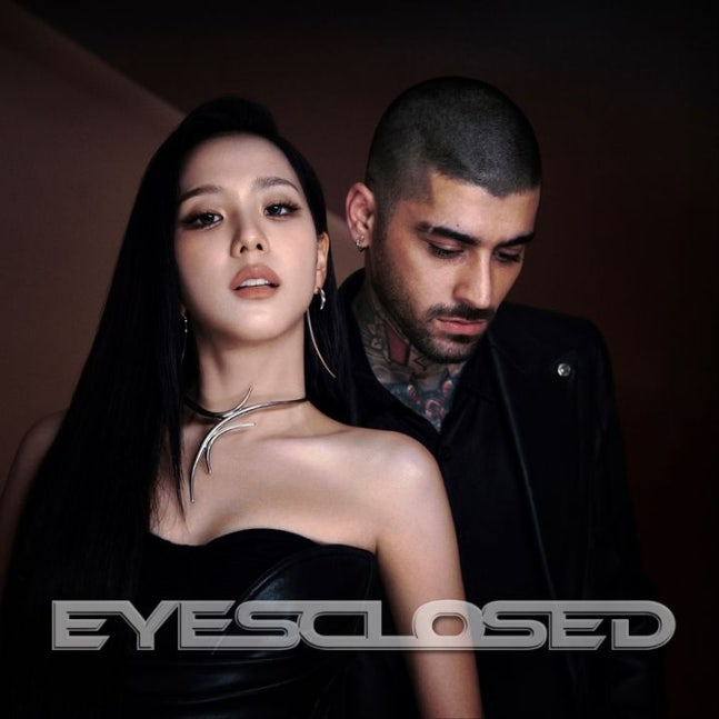 Eyes Closed single cover featuring Jisoo and Zayn Malik in edgy black fashion and dramatic lighting