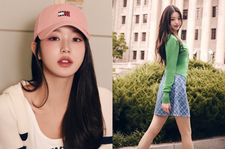 Jang Wonyoung in a pink Tommy Hilfiger cap and white top on the left, walking confidently outdoors in green top and plaid skirt on the right