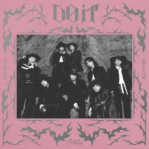 Official “Stray Kids – Do It” album cover featuring all 8 members in stylish dark outfits with pink and silver border.