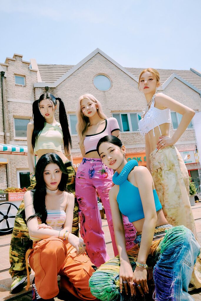 Tunnel Vision ITZY comeback vibrant outdoor fashion in colorful streetwear and pigtails