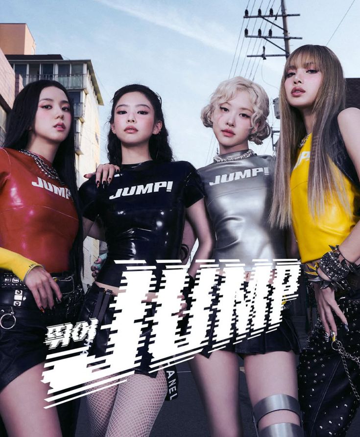 Dynamic street-style concept of four K-pop idols wearing glossy latex tops and edgy skirts, standing boldly in a city alley with attitude