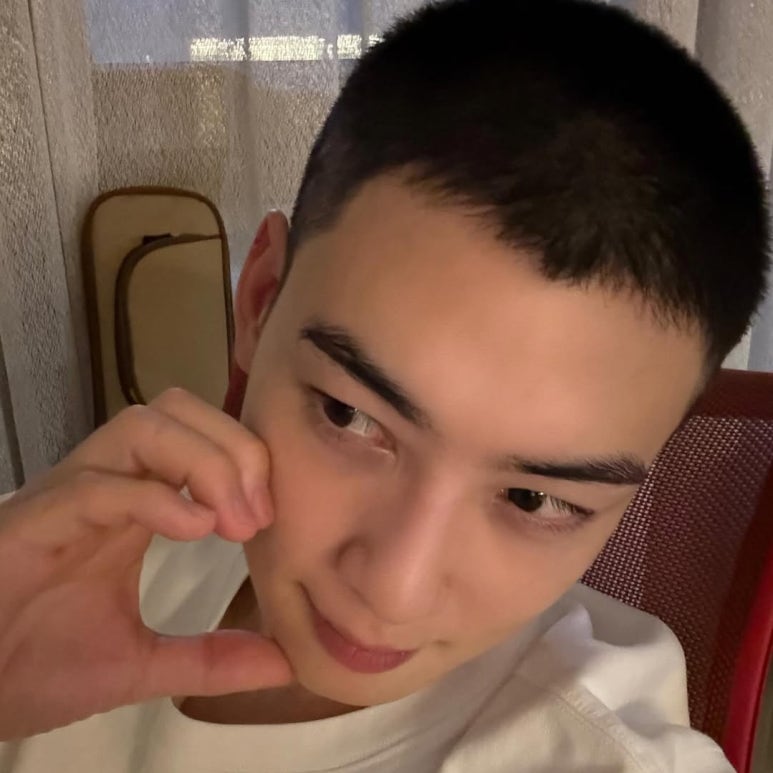 Cha Eun-woo ELSE military service update selfie with shaved head and hand heart