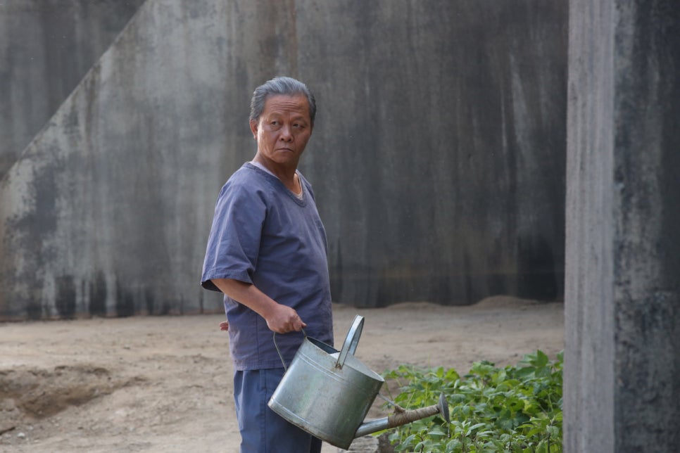 Elderly man watering plants inside prison yard in Fabricated City film