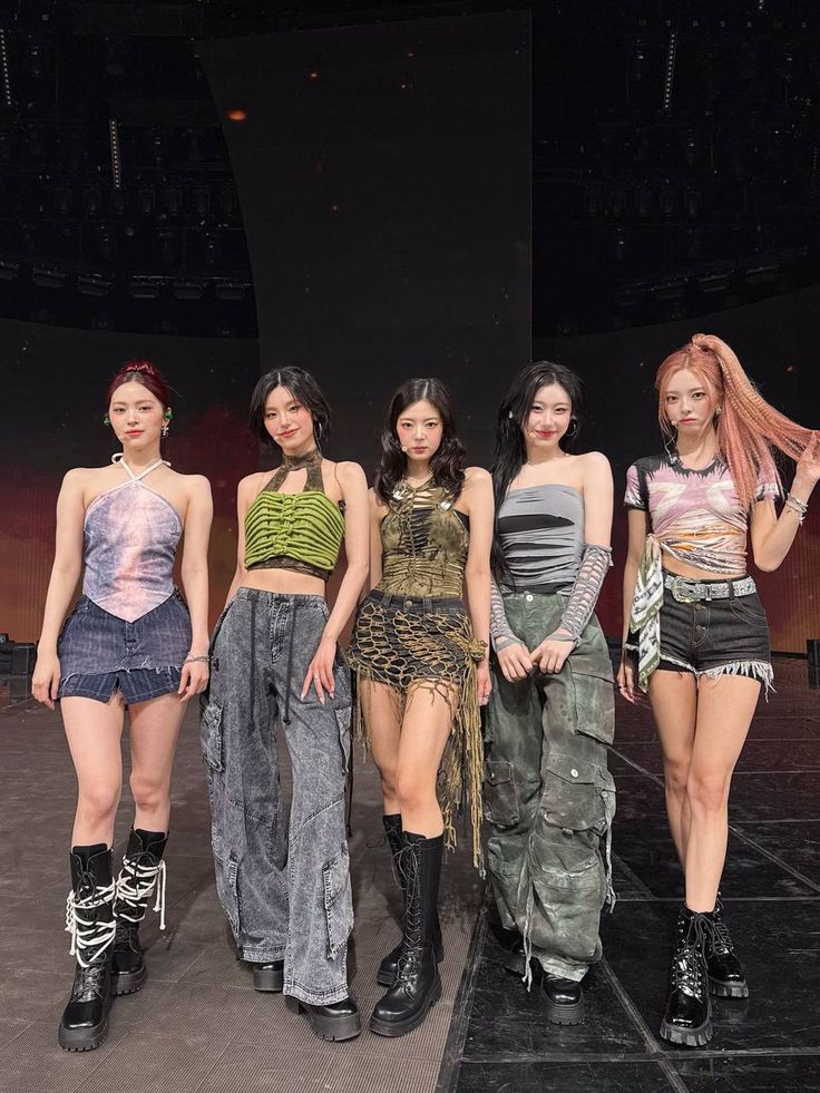 Tunnel Vision ITZY comeback outfit in grunge military style with bold textures and boots