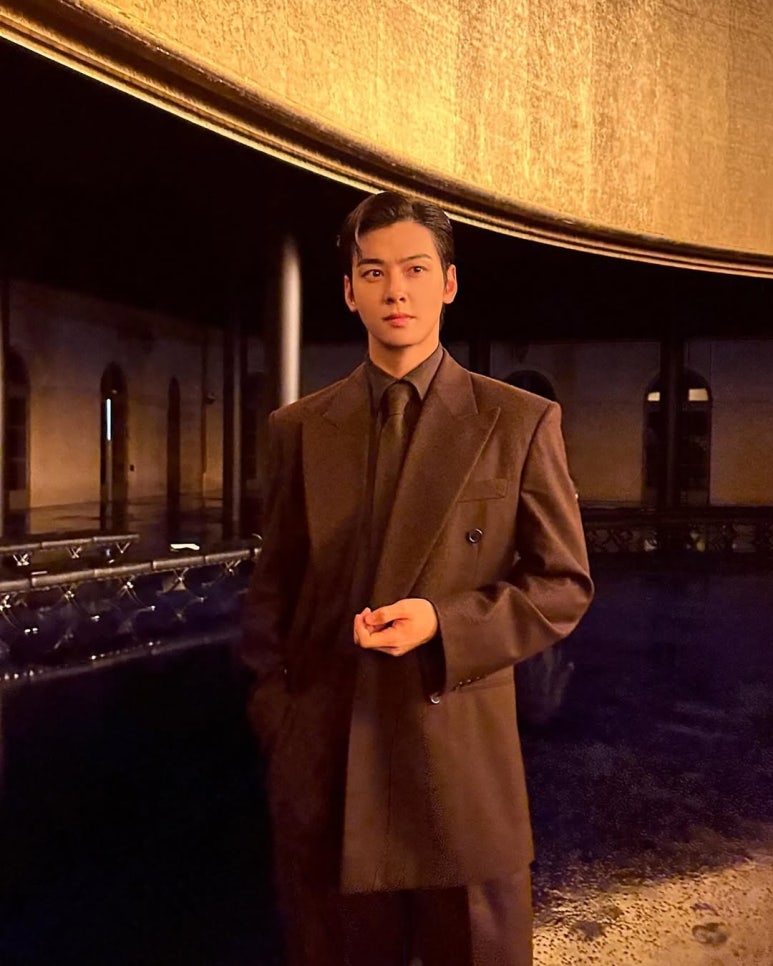 Cha Eun-woo ELSE album visual in dark brown formal suit in a luxury setting
