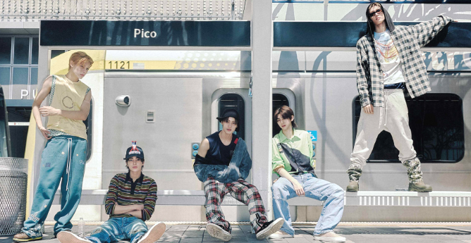 CORTIS members pose at Pico Station in retro streetwear, highlighting their unique style for the CORTIS K-pop debut.